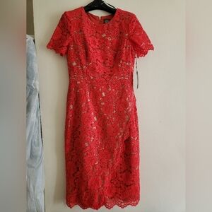 Vince Camuto Lace Dress Short Sleeves Faux Wrap Coral Sz 4 NWT